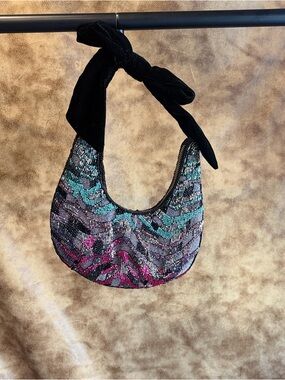 Beaded Multicolor Crescent Shoulder Bag with Black Velvet Tie